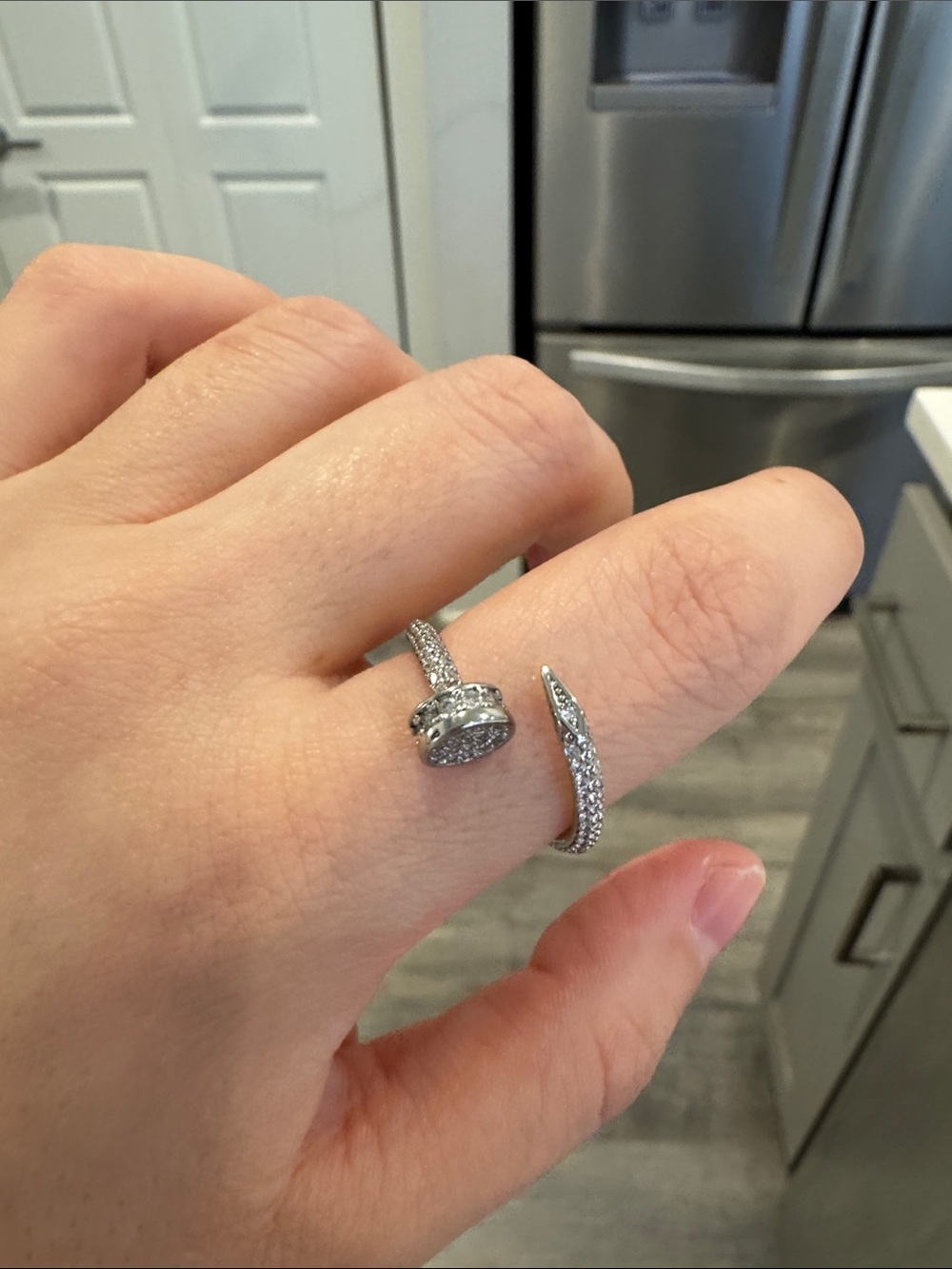 Silver Tone Nail Screw Wrap Ring Pavé CZ Slightly Adjustable Size 7-9